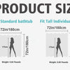 Product size chart showing dimensions for shower stalls, standard bathtubs, and individuals of different heights.