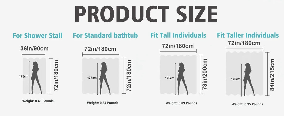 Product size chart showing dimensions for shower stalls, standard bathtubs, and individuals of different heights.