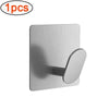 A silver stainless steel adhesive hook with a curved design.