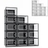 A stack of twelve clear plastic shoe storage boxes with front doors arranged in a grid.