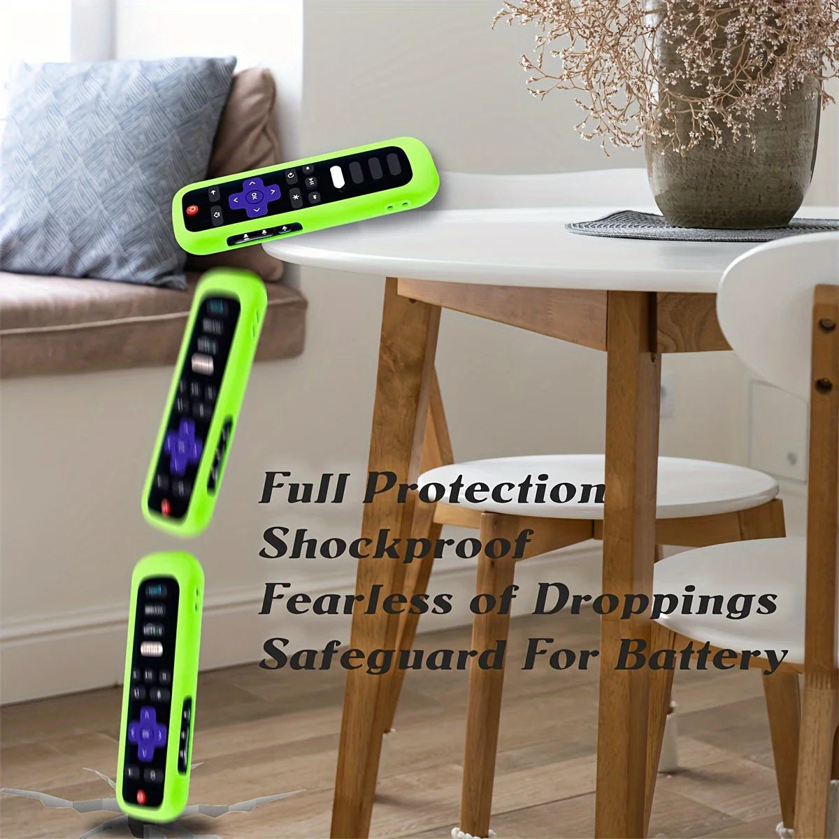 A collection of bright lime green silicone remote control covers with lanyards displayed on a wooden table.