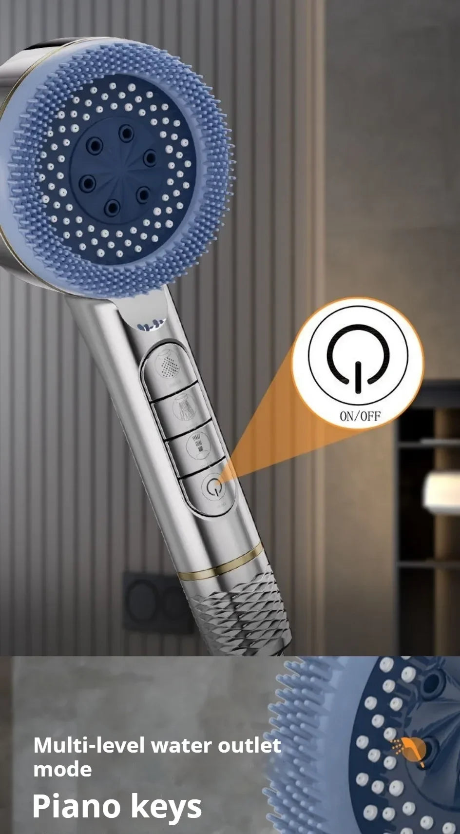 Gros plan d'une pomme de douche de massage argentée à haute pression avec un mode de sortie multi-niveaux et des touches de p