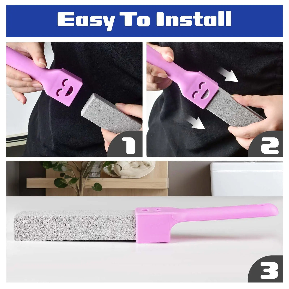 Three steps showing how to install a pink pumice cleaning scrubber stick for heavy duty cleaning.