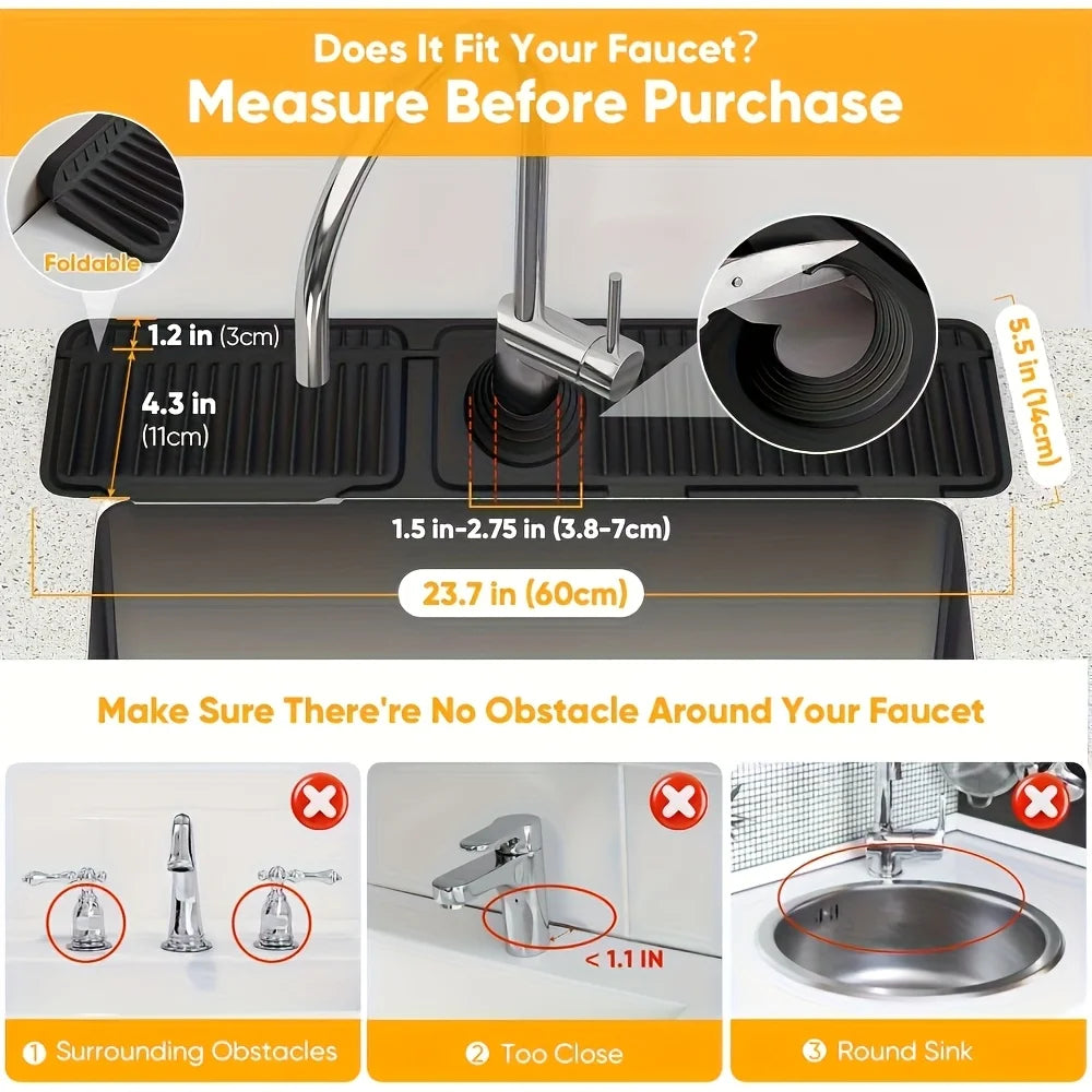 A silicone kitchen sink splash guard is shown with various measurements and examples of surrounding obstacles.