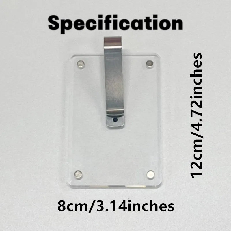 Klares Acryl-Fotoclip mit Metallvisor, Maße 12x8 cm.