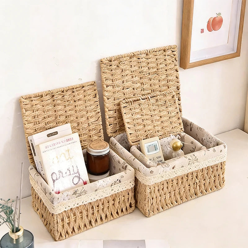 A natural woven rattan storage basket with a lid holds various small items like books and jewelry on a white surface.