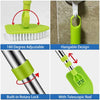 A set of green cleaning brushes featuring an adjustable head, a hangable design, a built-in rotary lock, and a telescopic rod