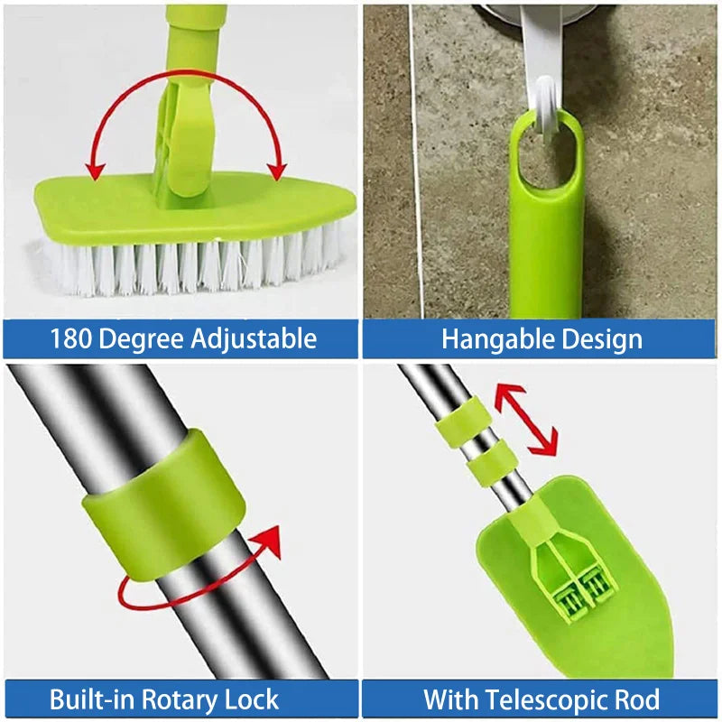 A set of green cleaning brushes featuring an adjustable head, a hangable design, a built-in rotary lock, and a telescopic rod