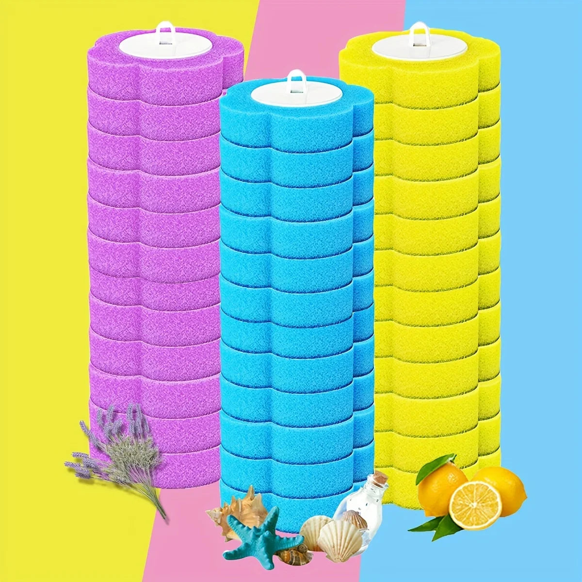 A set of purple and blue disposable toilet brushes with long handles displayed against a colorful background.