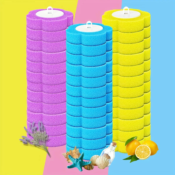 A set of purple and blue disposable toilet brushes with long handles displayed against a colorful background.