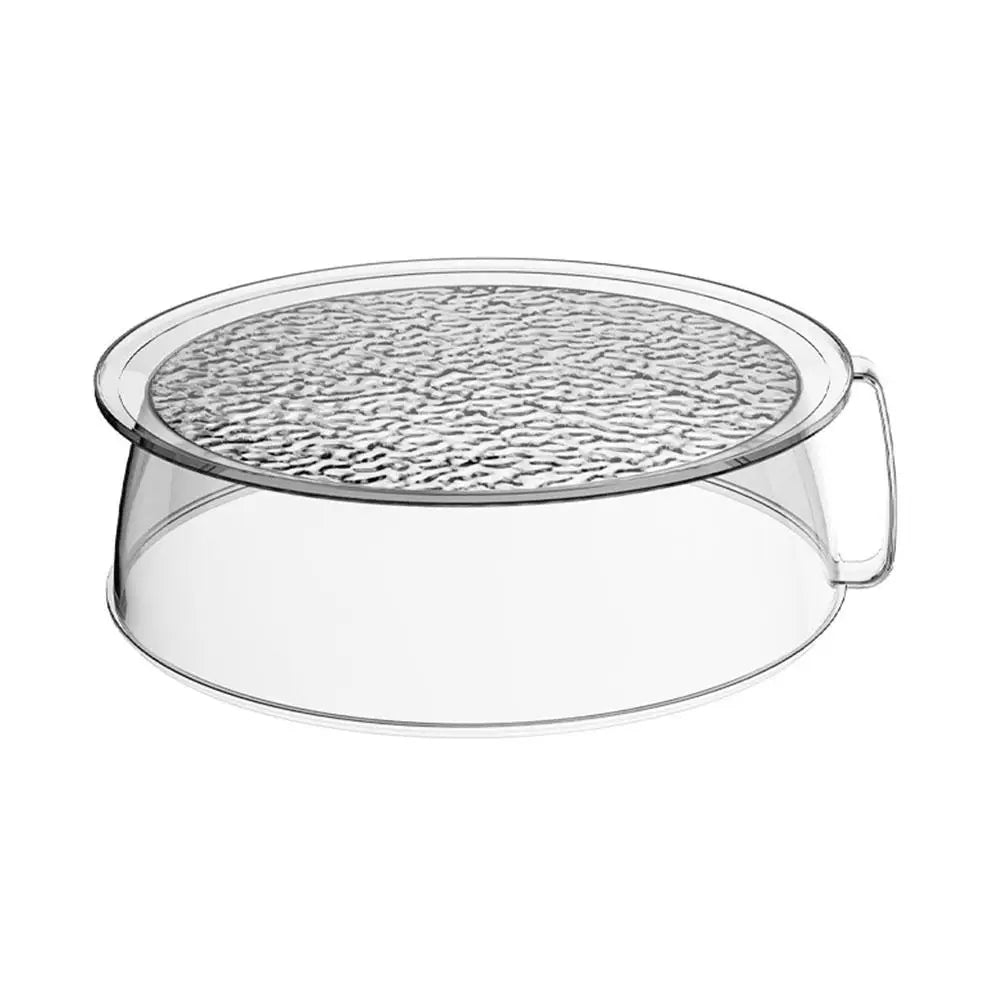 Clear microwave splatter guard with a mesh insert and a heat-resistant handle.
