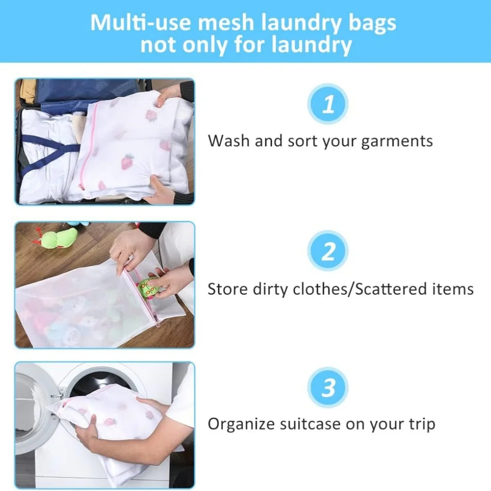 Three steps showing how to use multi-use mesh laundry bags for washing, storing, and organizing items.