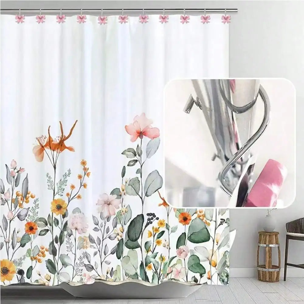 White shower curtain featuring a floral pattern with pink, orange, and green leaves and flowers.