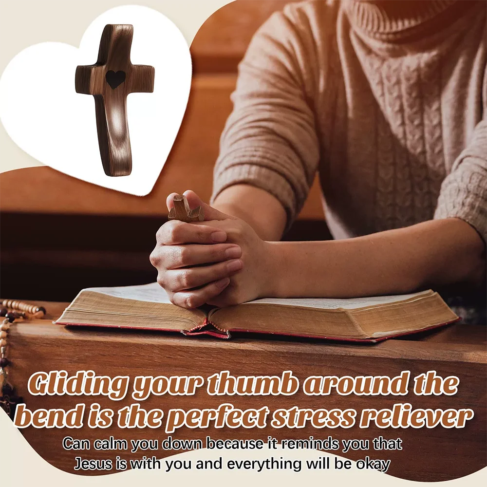 A hand rests on an open book with a wooden cross visible in the background, suggesting stress relief.