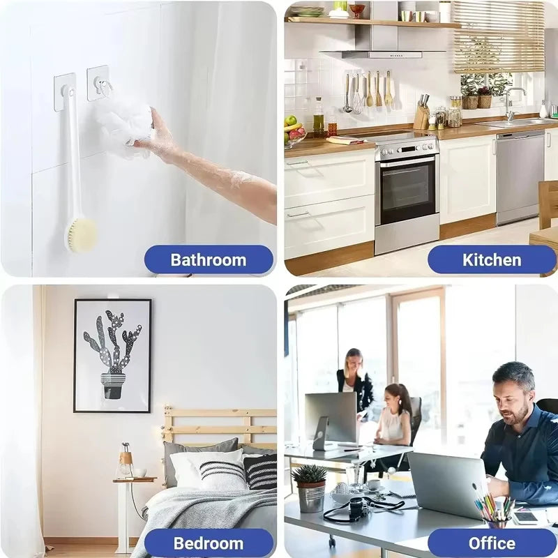 A collage showing adhesive hooks used in a bathroom, kitchen, bedroom, and office setting.