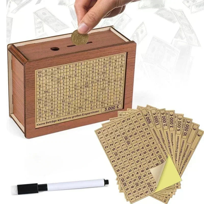 A wooden piggy bank with numbered slots for saving money and a pencil.