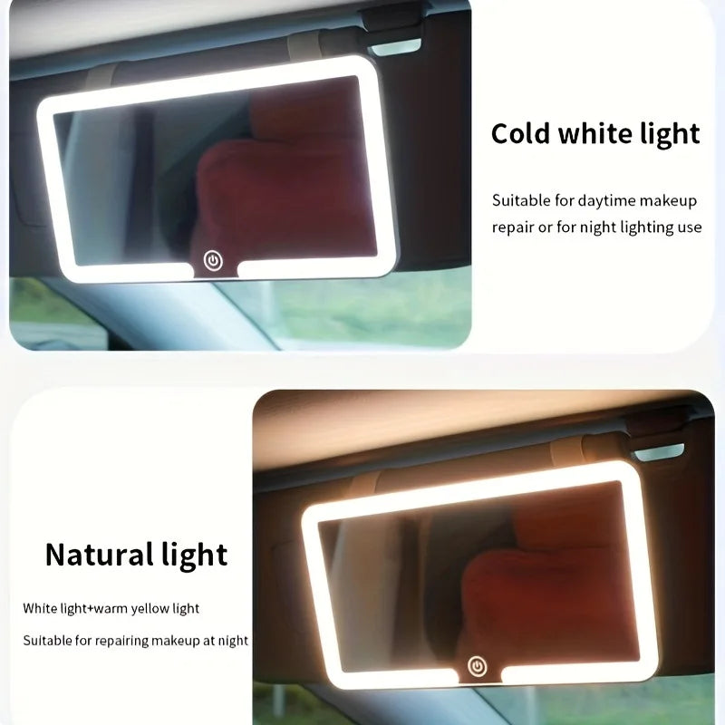 Espejo de maquillaje con luz LED, mostrado en dos modos: luz blanca fría y luz natural.