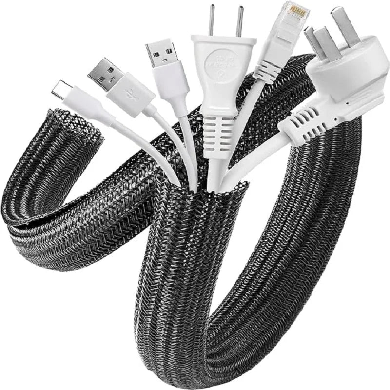 A bundle of black braided cable sleeves with various connectors and plugs.
