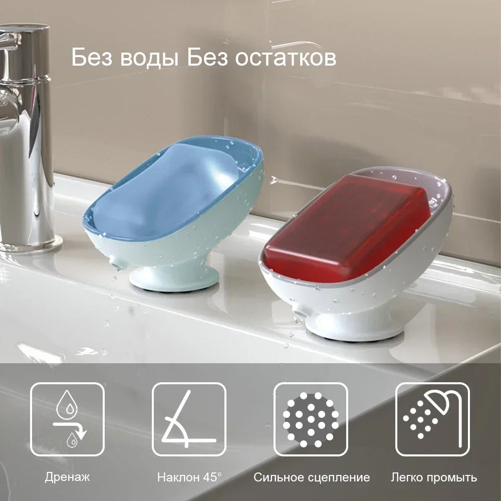 A set of heavy duty suction cup soap dishes in blue and red with drainer, showing features like drainage, 45-degree tilt, str