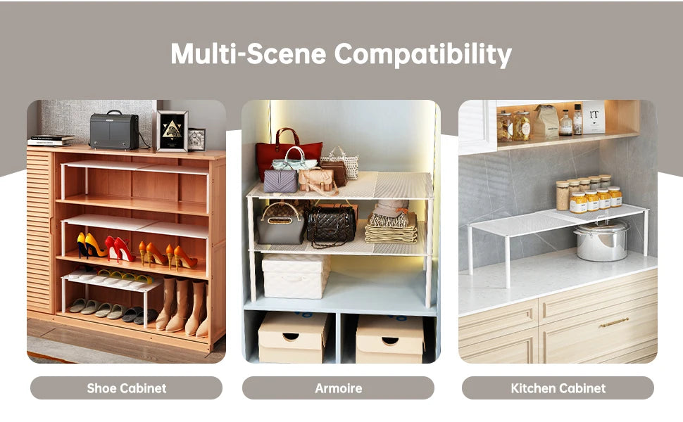 Three images showing a shoe cabinet, an armoire, and a kitchen cabinet demonstrating multi-scene compatibility.