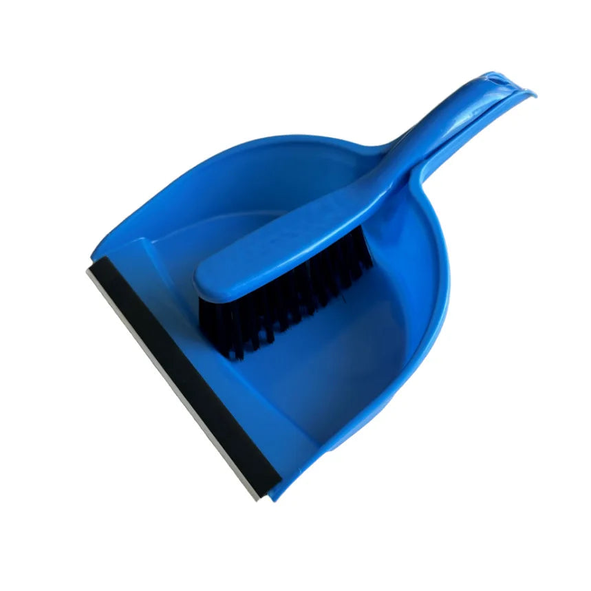 A blue mini handheld dustpan and brush set used for cleaning desks and keyboards.