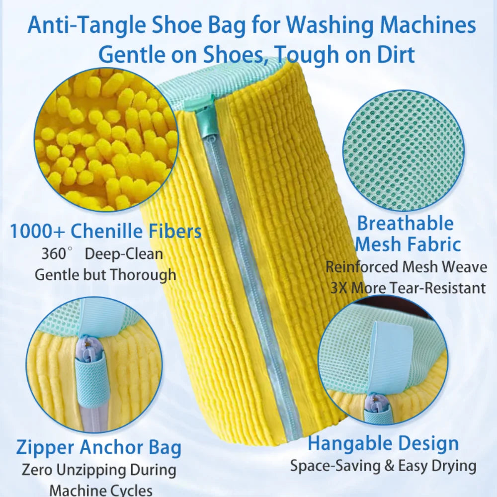Yellow anti-tangle shoe bag made of chenille fibers with a zipper anchor and hangable design