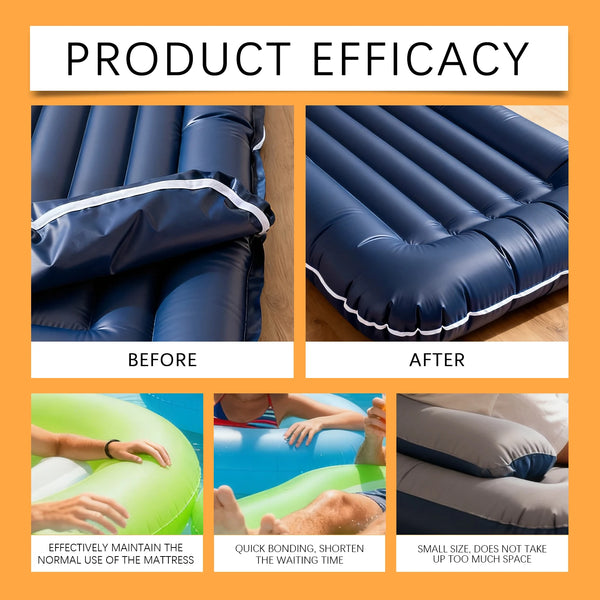 Before and after images showing the efficacy of an inflatable repair kit on a blue mattress.