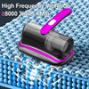 A handheld mattress vacuum cleaner with a purple handle is shown vibrating on a blue foam surface.