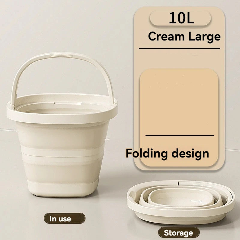 A large cream-colored folding plastic bucket with an arc handle is shown next to its folded design.