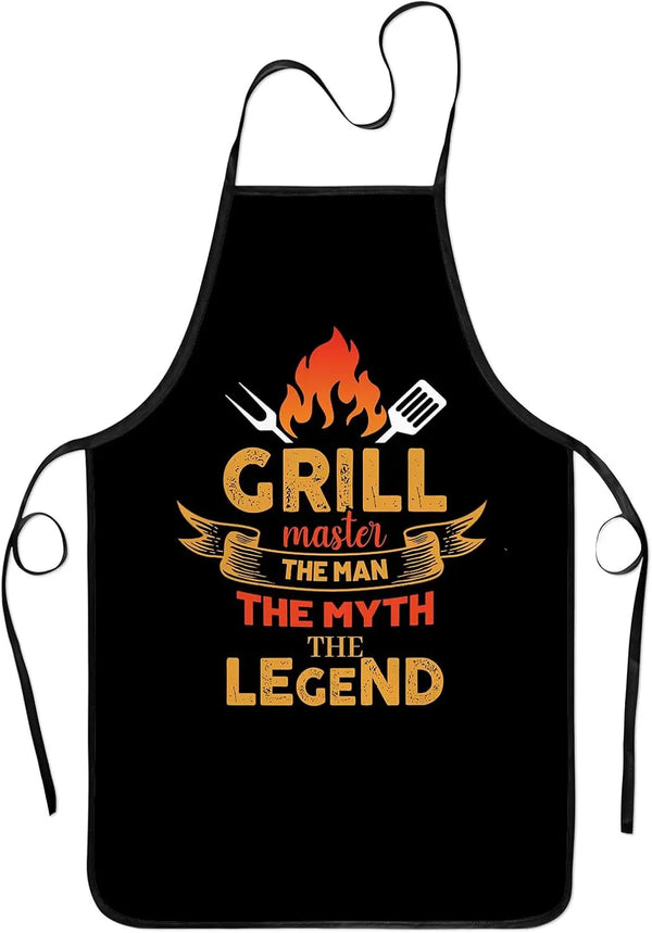 Black apron with yellow text and a flame graphic reading Grill master the man the myth the legend