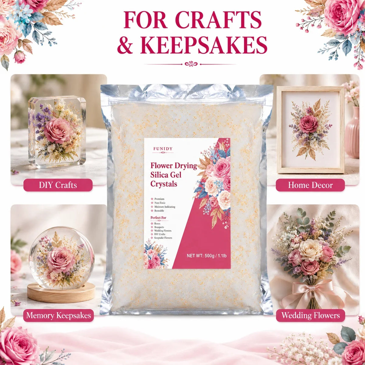 Bag of Flower Drying Silica Gel Crystals for crafts and keepsakes with floral designs