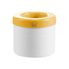 A white silicone ice cube mold set with a yellow rim and a black label.