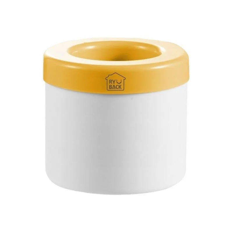 A white silicone ice cube mold set with a yellow rim and a black label.