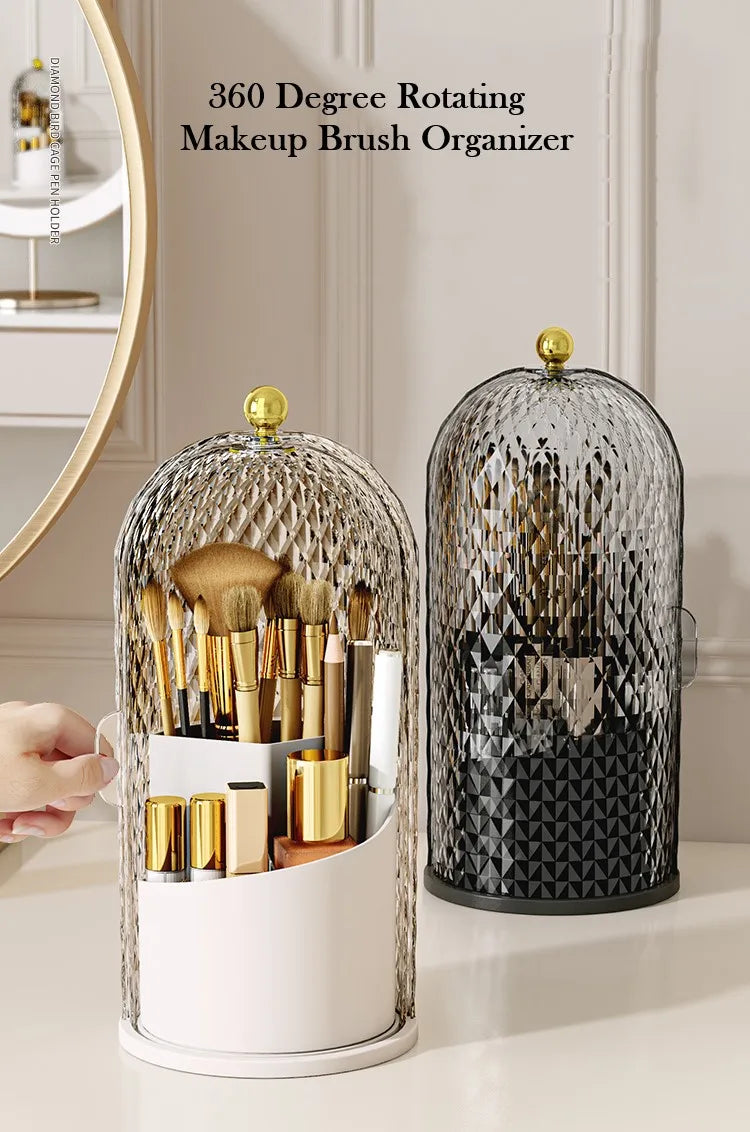 A clear, spherical makeup brush organizer with a lid is shown on a white surface.