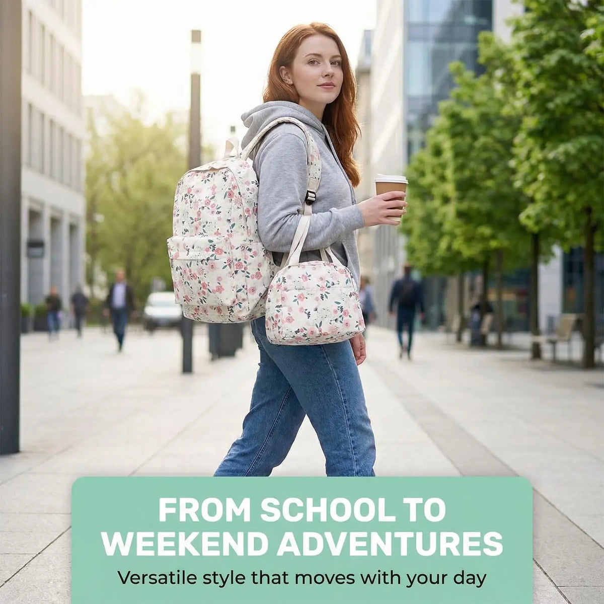 A woman wearing a floral print backpack and matching handbag walks down a city sidewalk.