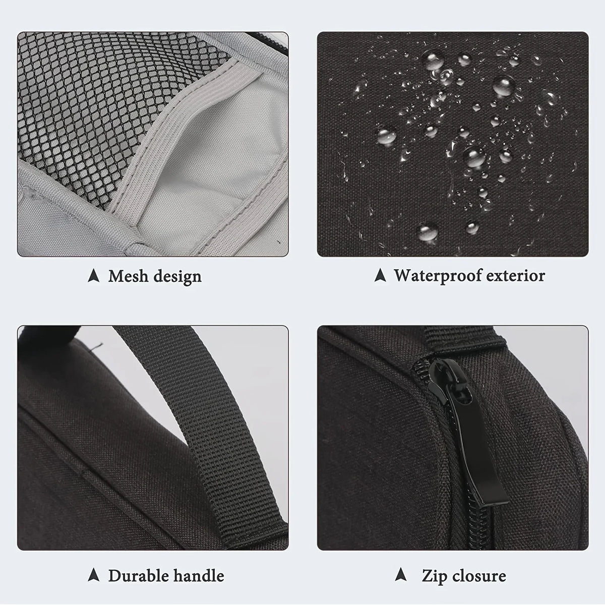 Close-up views of a black multi-purpose travel electronics organizer bag showing mesh design, waterproof exterior, durable ha