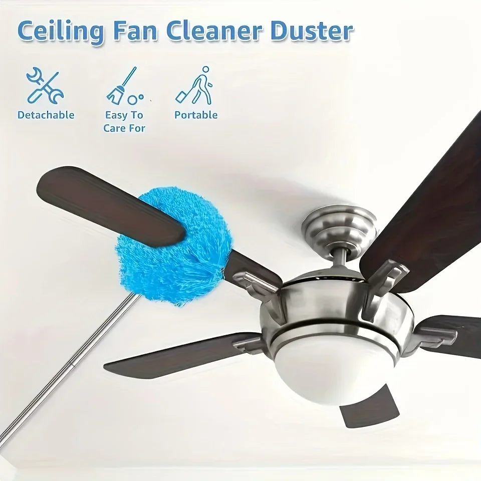 A blue fuzzy duster attached to a pole is shown next to a ceiling fan for cleaning.