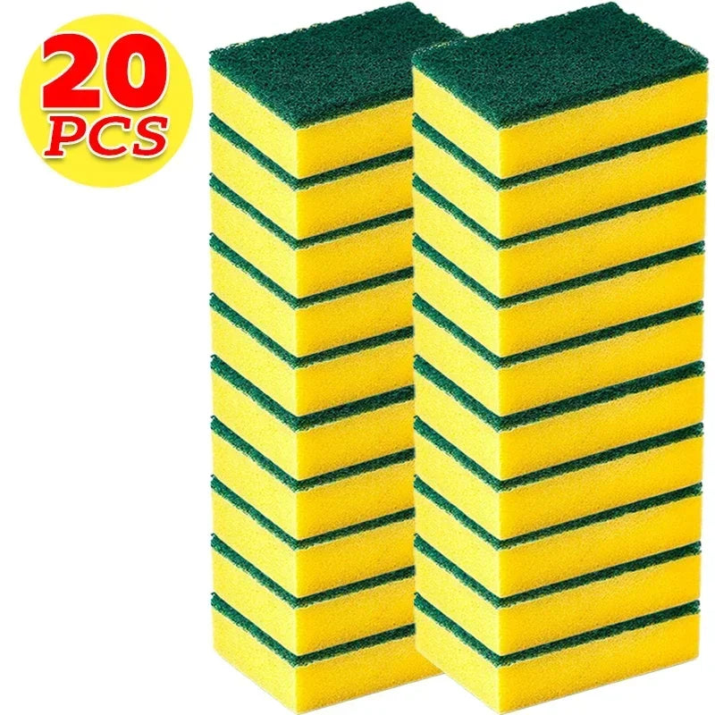 A stack of twenty kitchen cleaning sponges, featuring green and yellow textured sides.