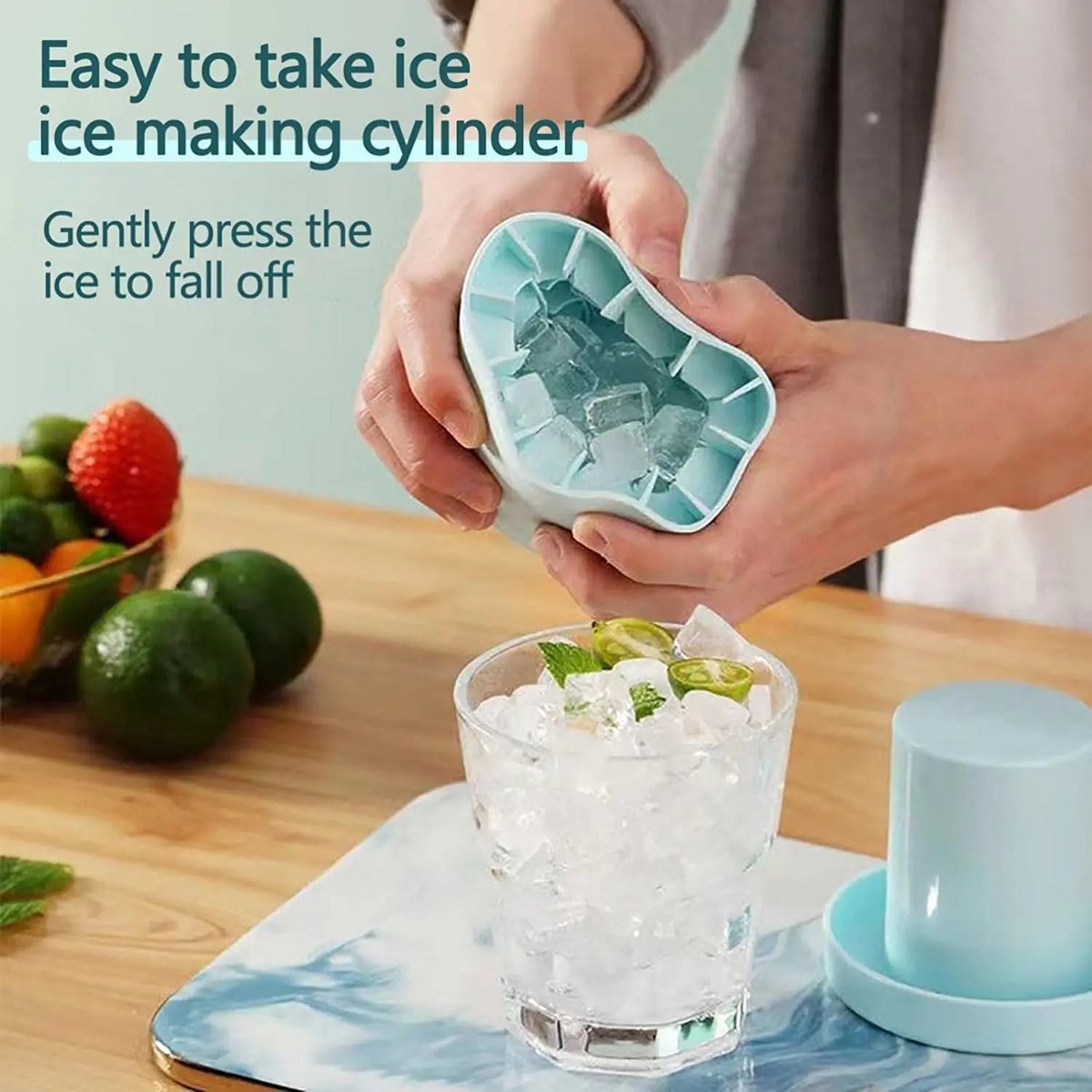 Hands gently press an ice cube into a silicone mold to make it fall off.