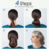 Four steps for women long hair showing how to style a ponytail using disposable transparent shower caps