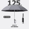 A grey fully automatic reverse windproof umbrella with a black handle and 125 cm span.