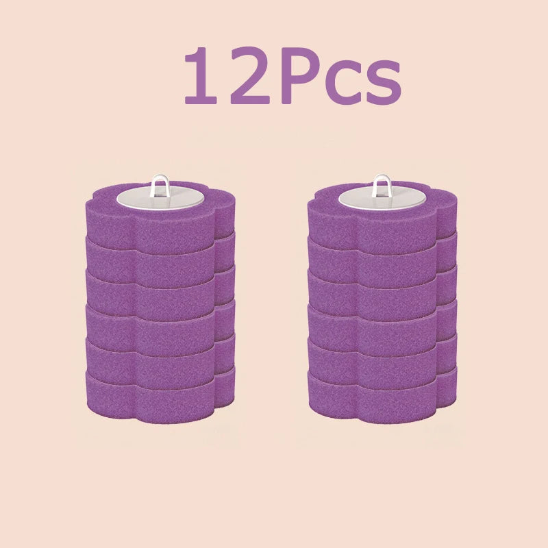 A set of twelve purple reusable toilet cleaning brushes stacked vertically.