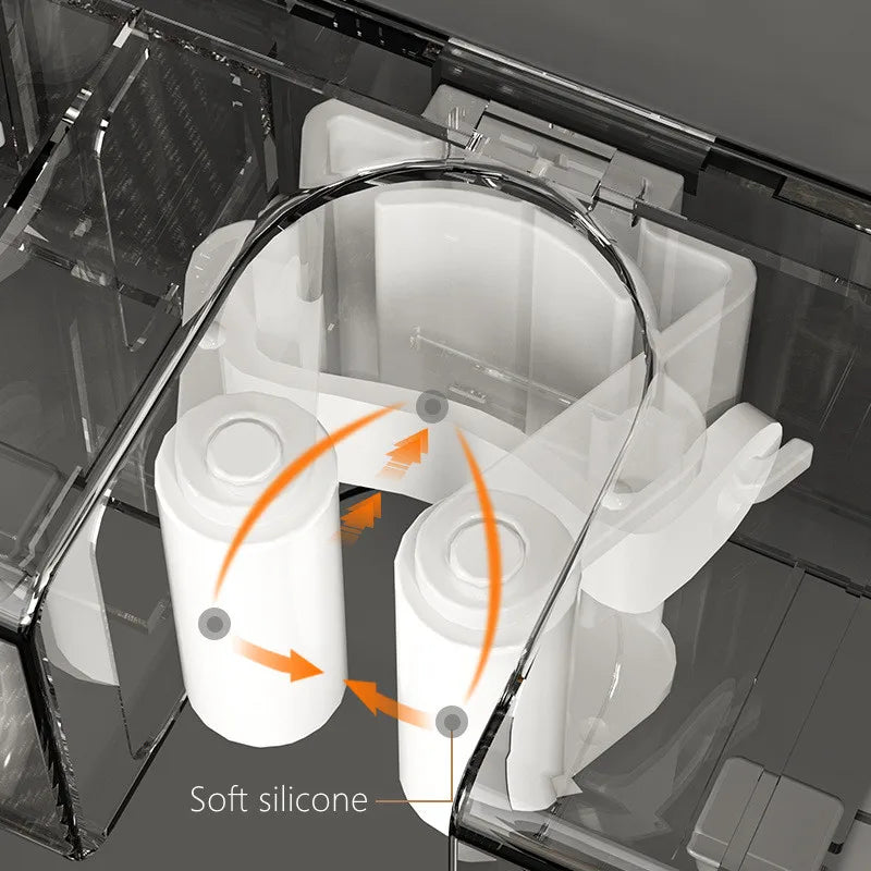 A close-up view of a white soft silicone wall mounted broom holder for kitchen or bathroom