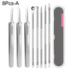 A set of five stainless steel tools for acne and blackhead removal, including tweezers and other specialized instruments.