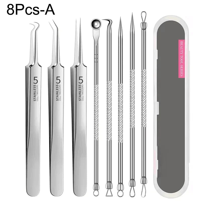 A set of five stainless steel tools for acne and blackhead removal, including tweezers and other specialized instruments.