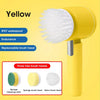 Yellow electric spin scrubber with three free replaceable brush heads for cleaning