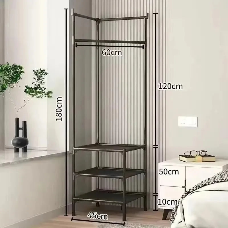 A tall, multi-layer metal coat rack with adjustable height and storage shelves in a modern interior setting.