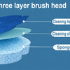 A three-layer brush head showing cleaning liquid, cloth, and sponge layers.