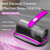 A purple and silver cordless bed vacuum cleaner device with a light emitting nozzle is shown on a surface.