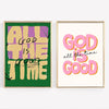 Two framed canvas prints featuring inspirational quotes in purple and pink text on a green background